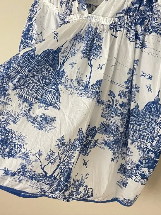 Umgee Blue & White Toile Landscape Scenic Print Peasant Blouse Size M - Picture 6 of 10